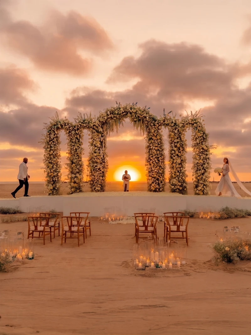 Luxury beachfront wedding ceremony setup