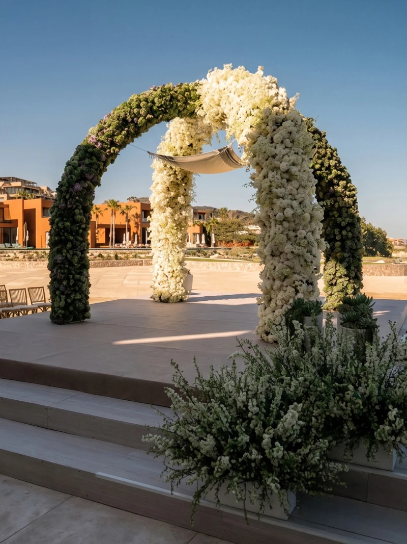 Complex structural venue transformation and premium tent setups on the beach