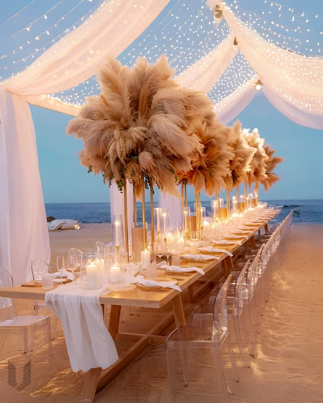 Complex structural venue transformation and premium tent setups on the beach