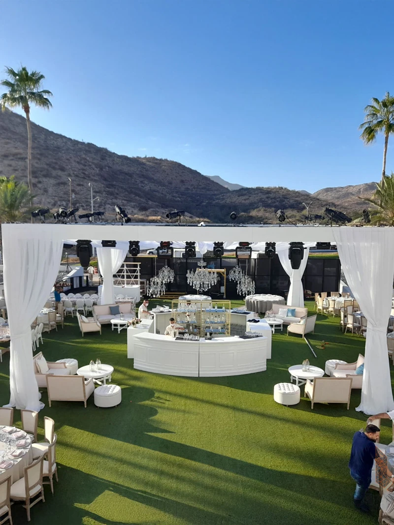 Ground support and heavy rigging installation for coastal wedding ceremonies